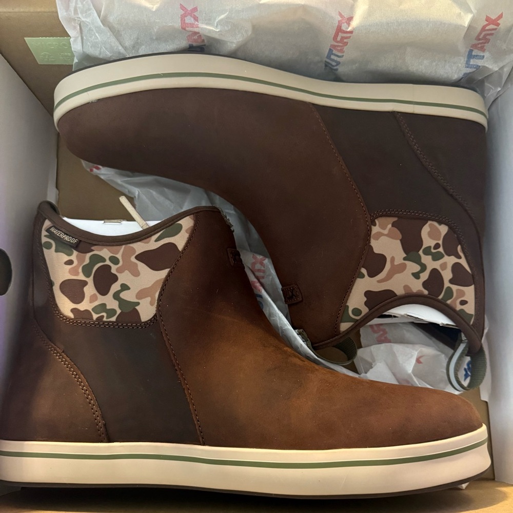 Xtratuf Brown Leather and Camouflage Deck Boots